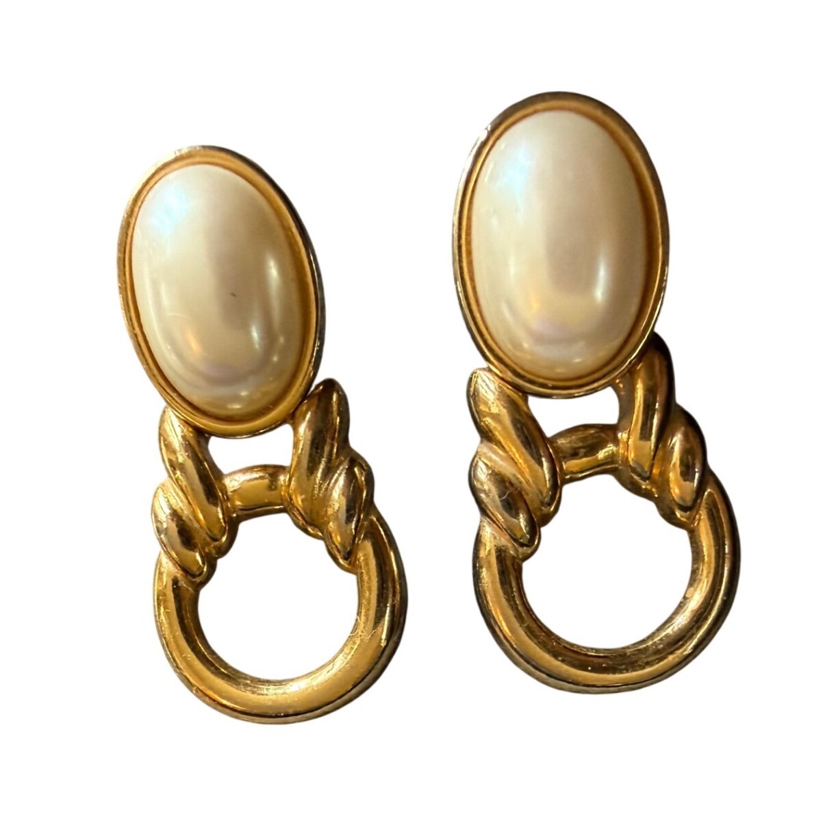 Marvella Vintage Signed Gold Tone Faux Pearl Cabochon Clip On Earrings Statement 40$
